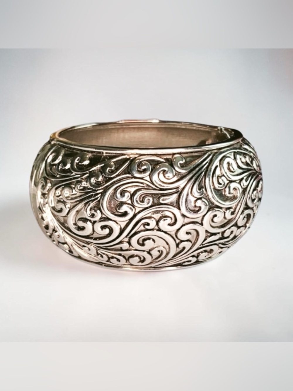 Vintage Scrollwork Silver-Tone Wide Cuff  Clamper Bracelet